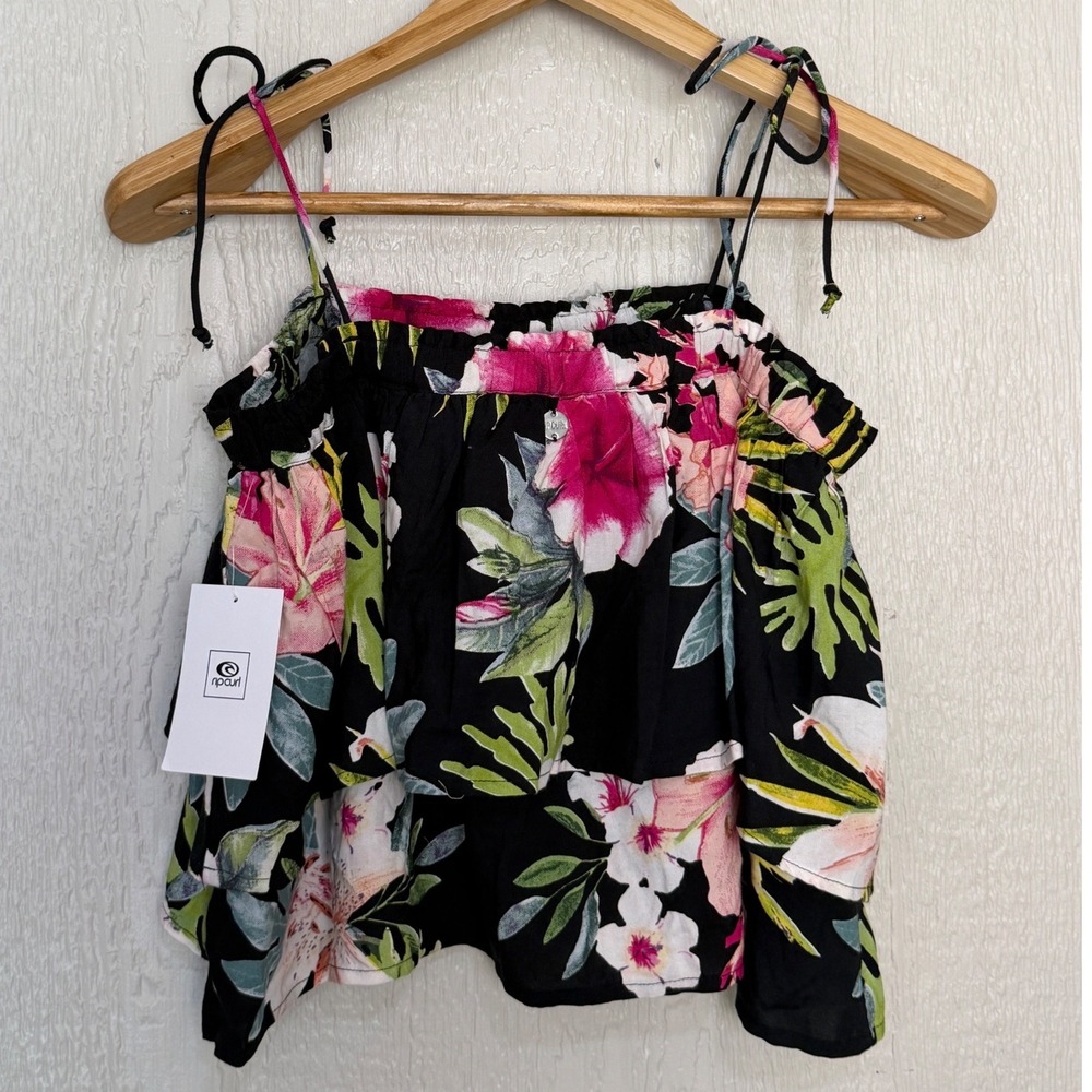 Rip Curl Womens Tropical Floral Ruffle Crop Cami Top Black Pink Size M New